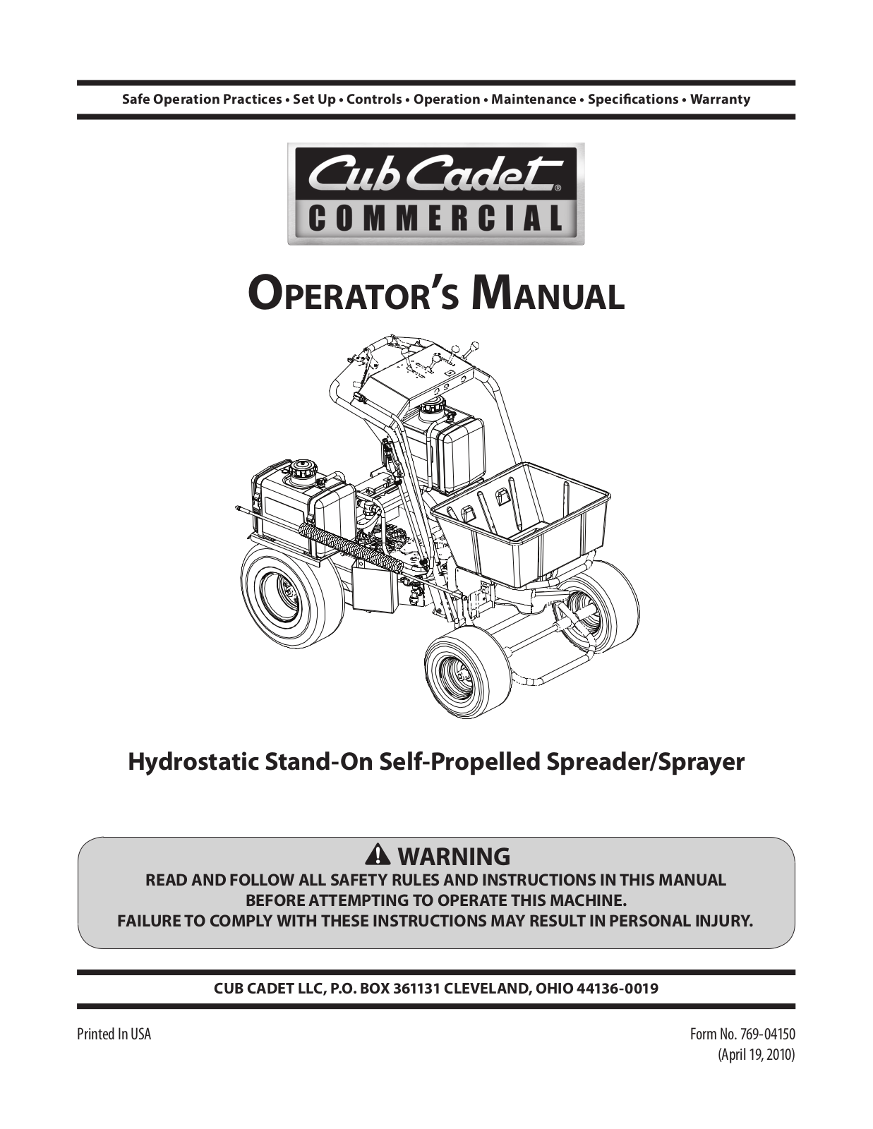 Cub Cadet 125 lb Spreader & 10 Gallon Sprayer Operator's Manual