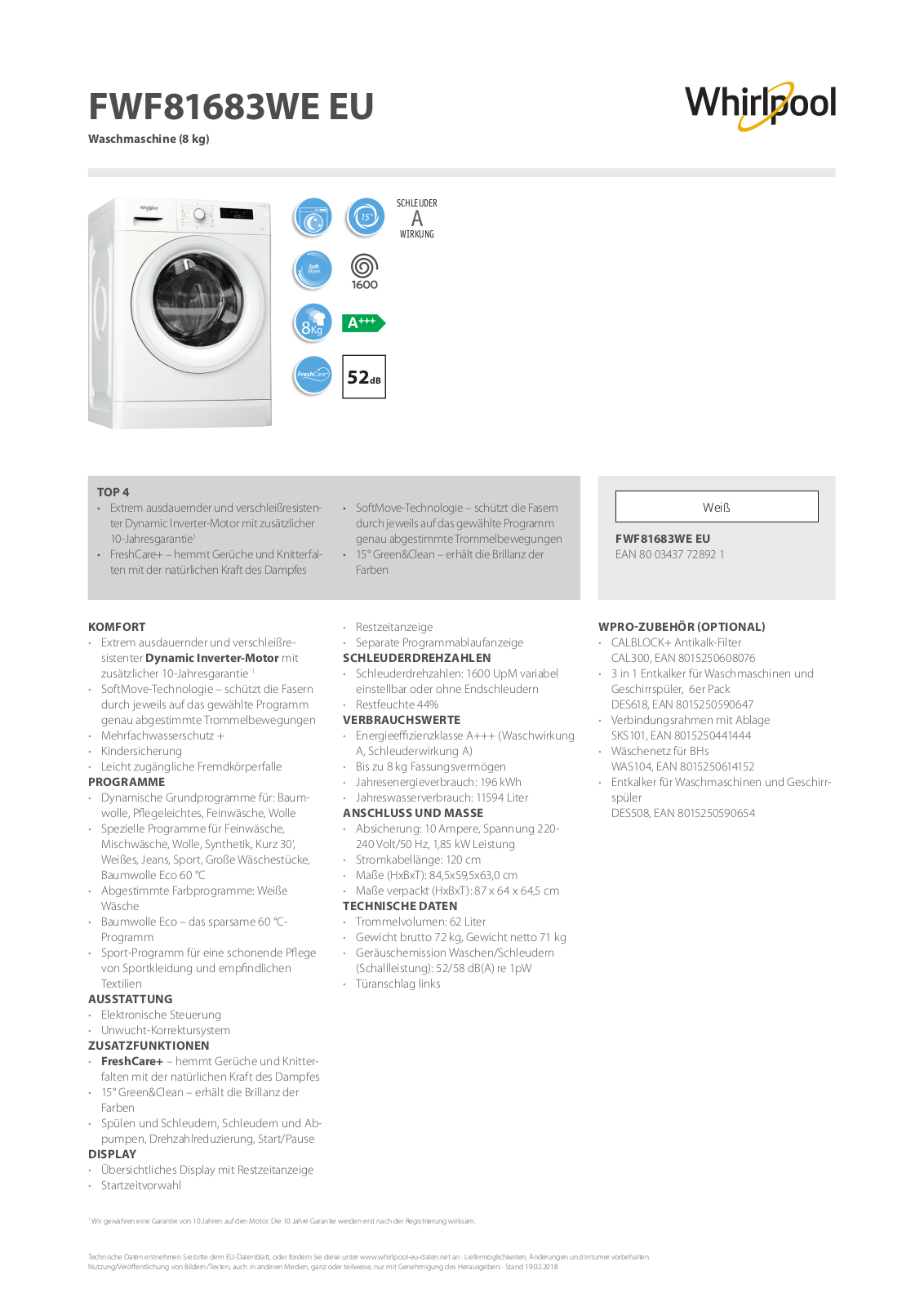 Whirlpool FWF81683WE User Manual