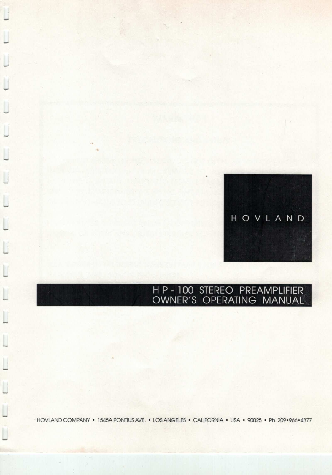 Hovland HP-100 Owner's Manual