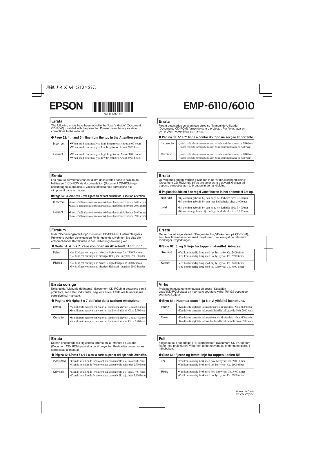 Epson EMP-6110, EMP-6010 User notes