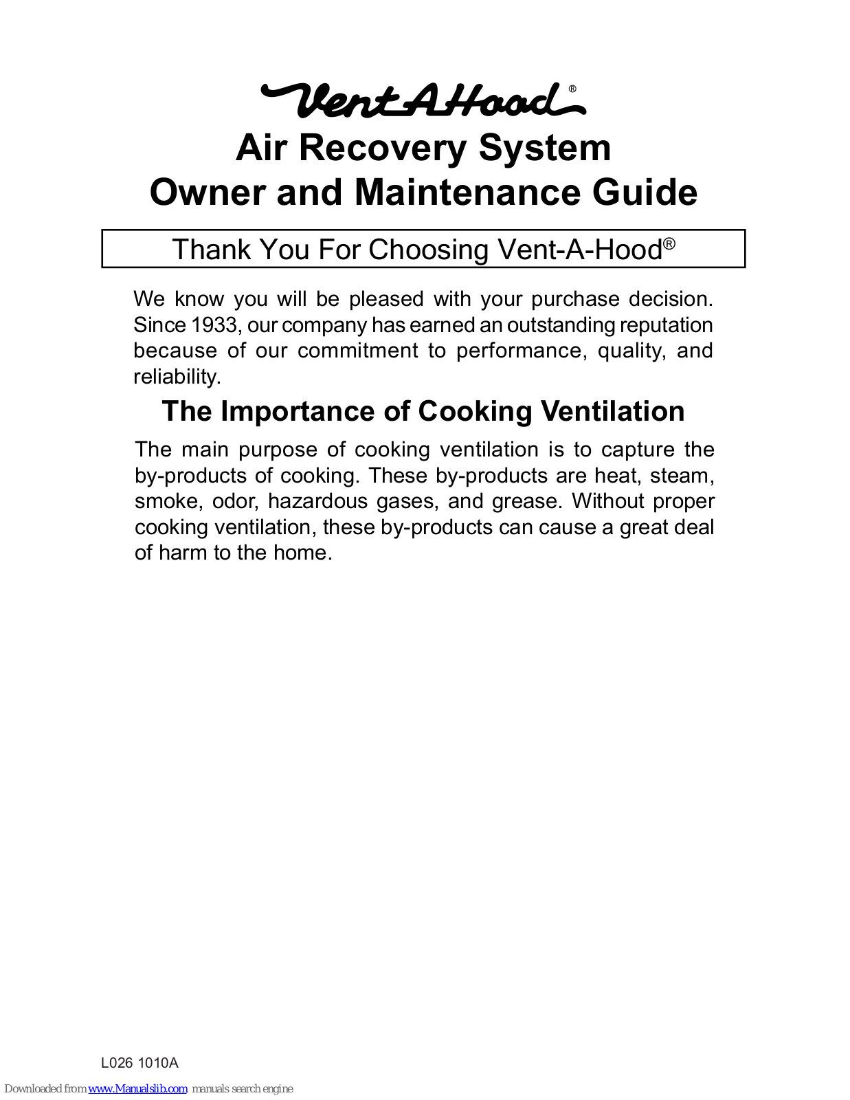 Vent-a-Hood ARS OMG, Air Recovery System Owner And Maintenance Manual