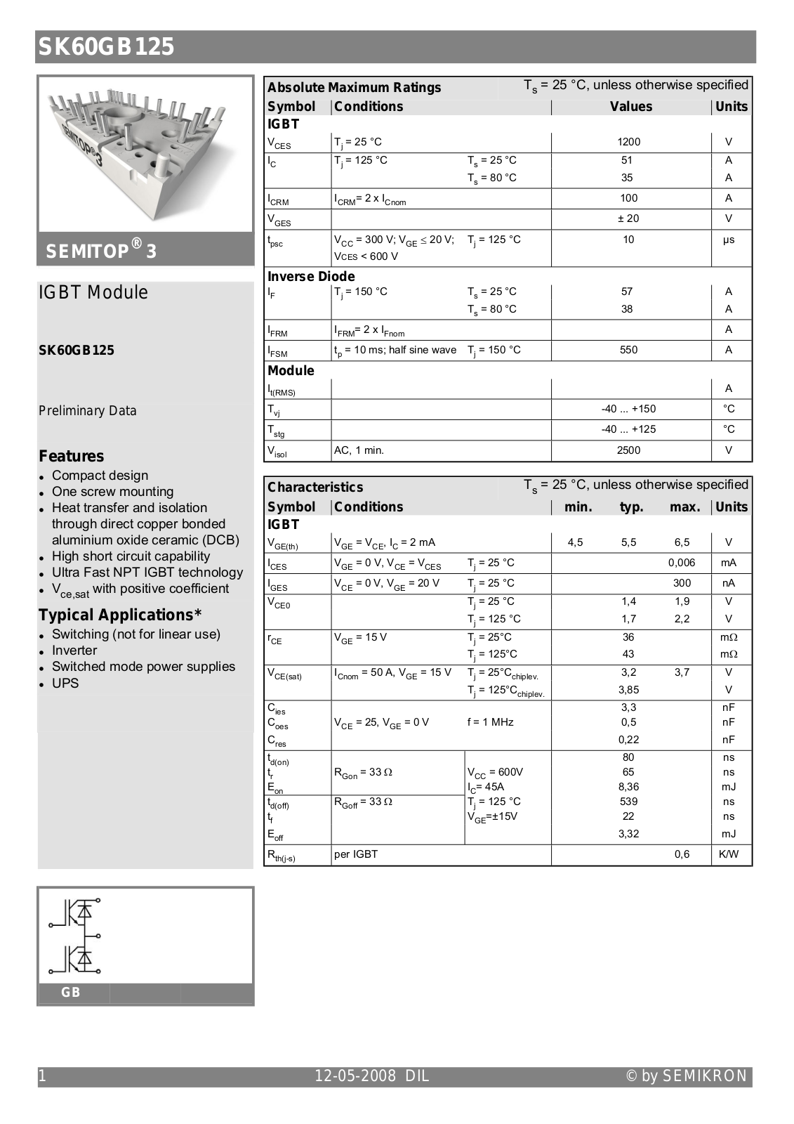 Semikron SK60GB125 Data Sheet