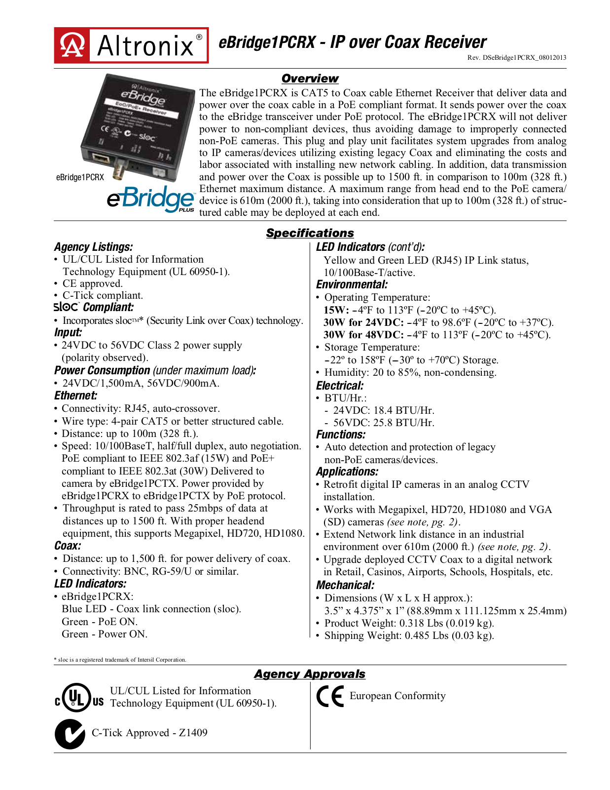 Altronix eBridge1PCRX Data Sheet