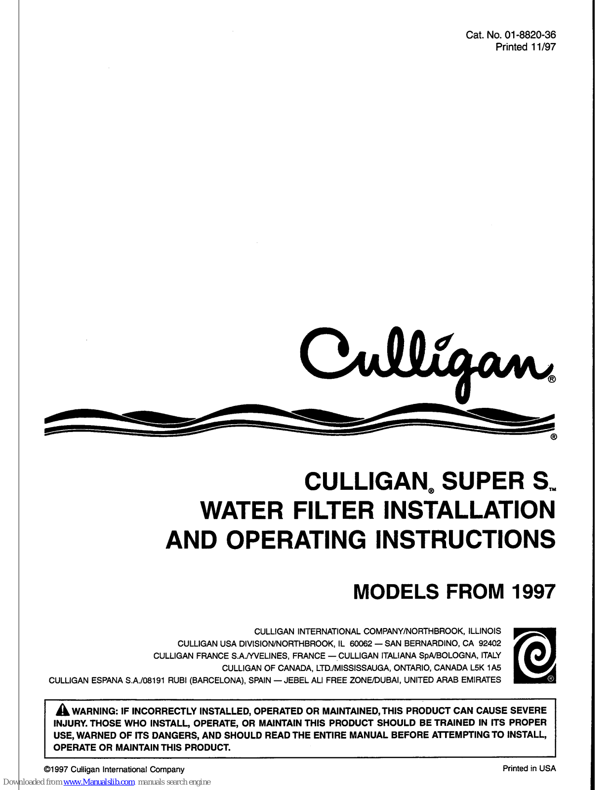 Culligan Super S Installation And Operating Insctructions