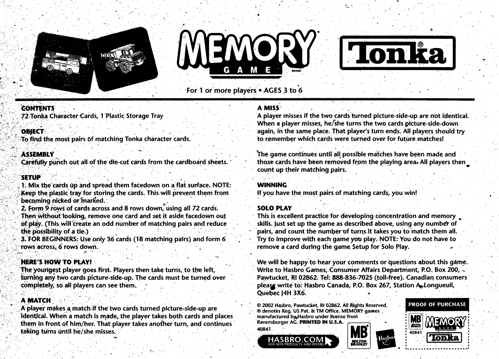 HASBRO Memory- Tonka User Manual