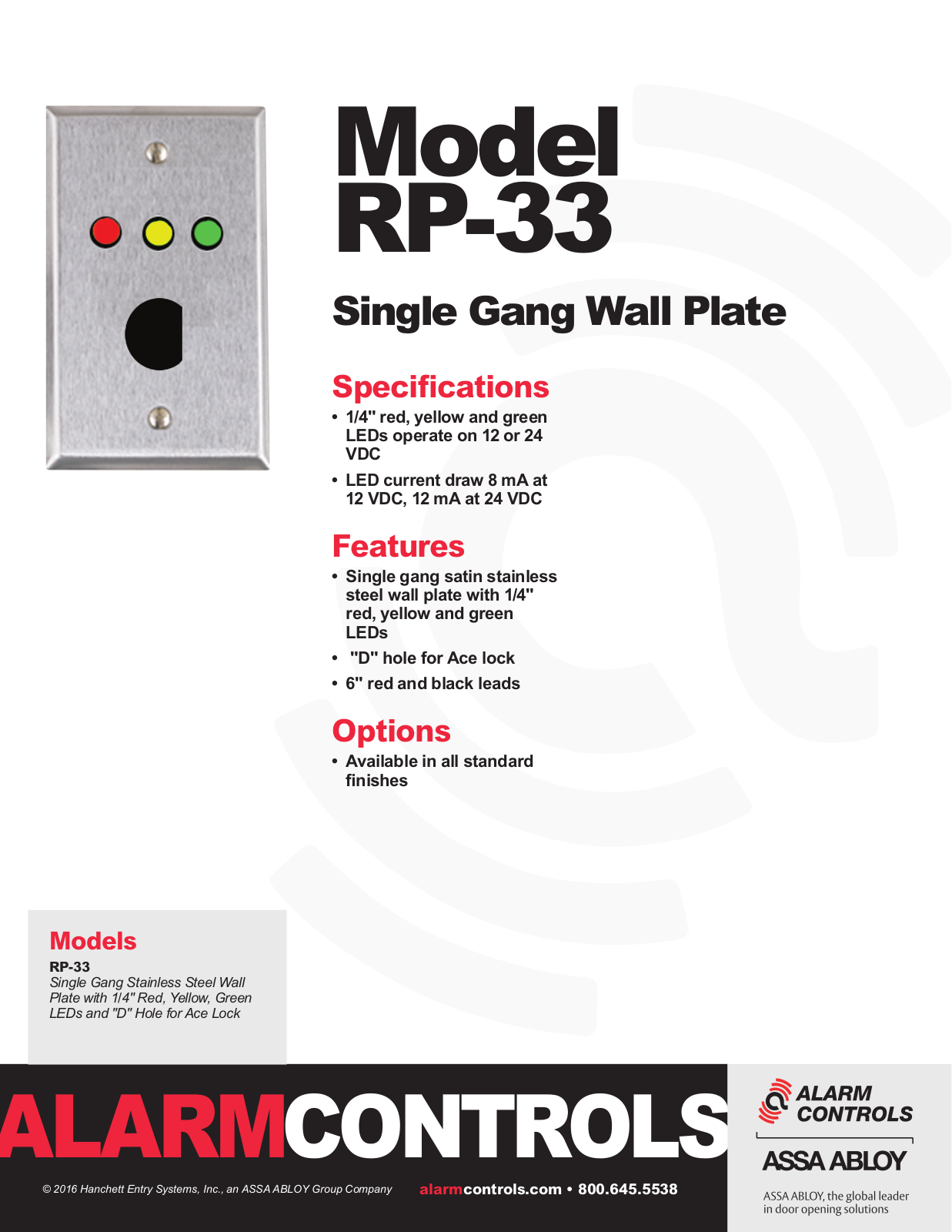 Alarm Controls RP-33 Specsheet