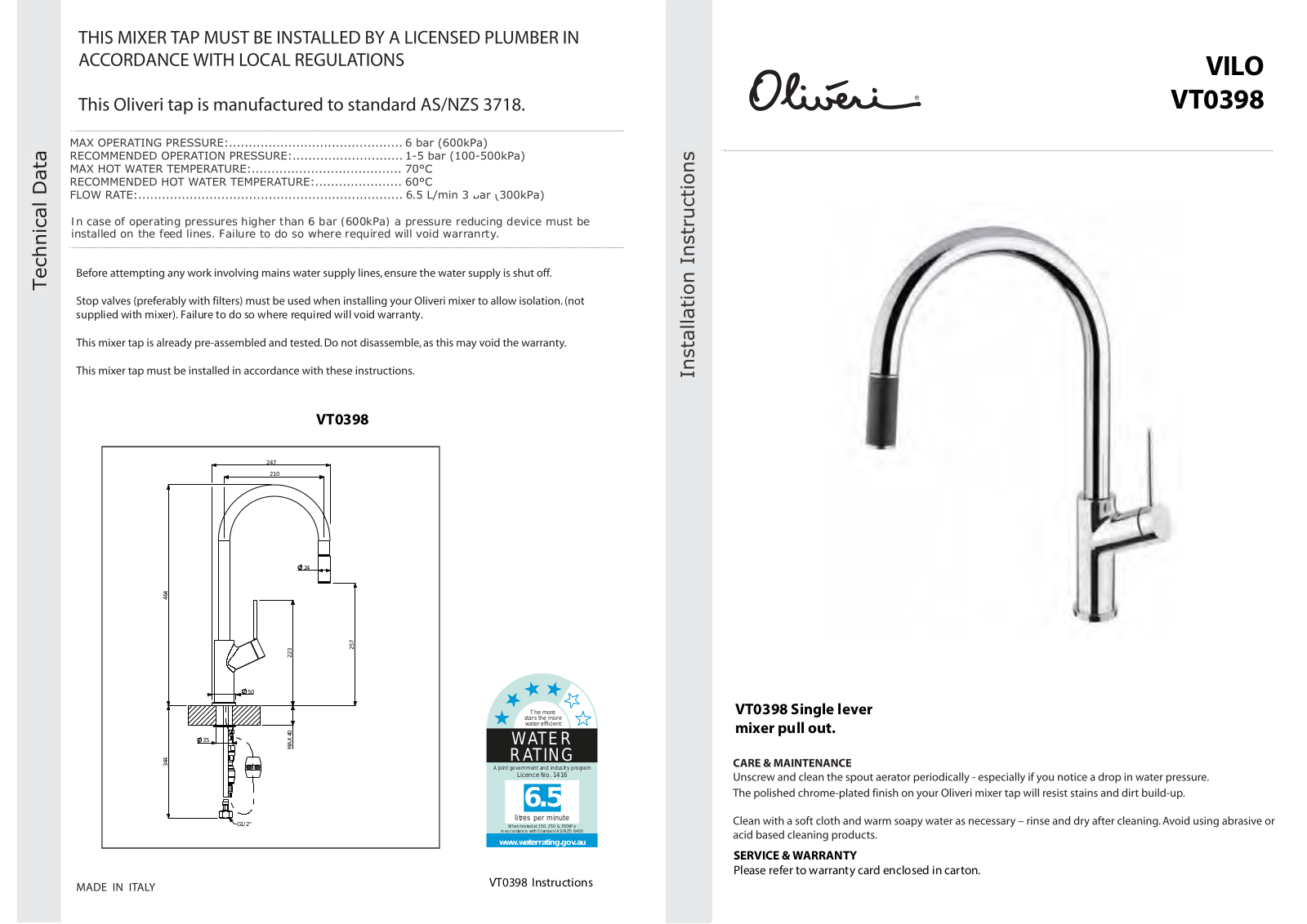 Oliveri VT0398C-BLACK, VT0398C-ST, VT0398C-ST-WH, VT0398B Installation Guide