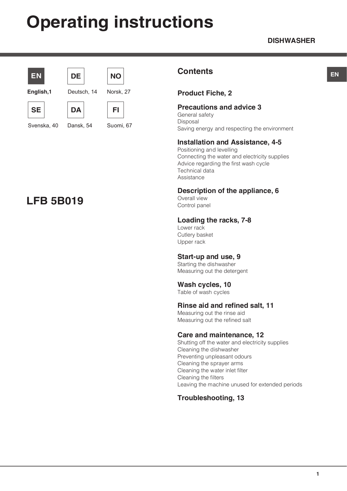 Hotpoint LFB 5B019 DE/SK User Manual