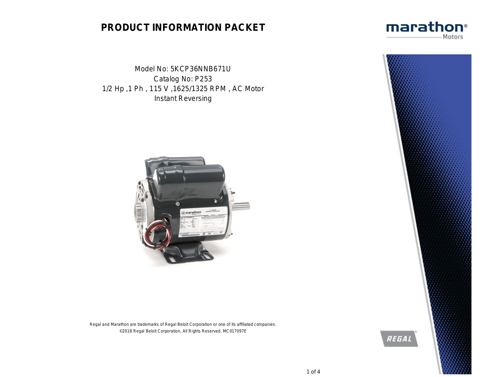 Marathon Electric 5KCP36NNB671U Product Information Packet