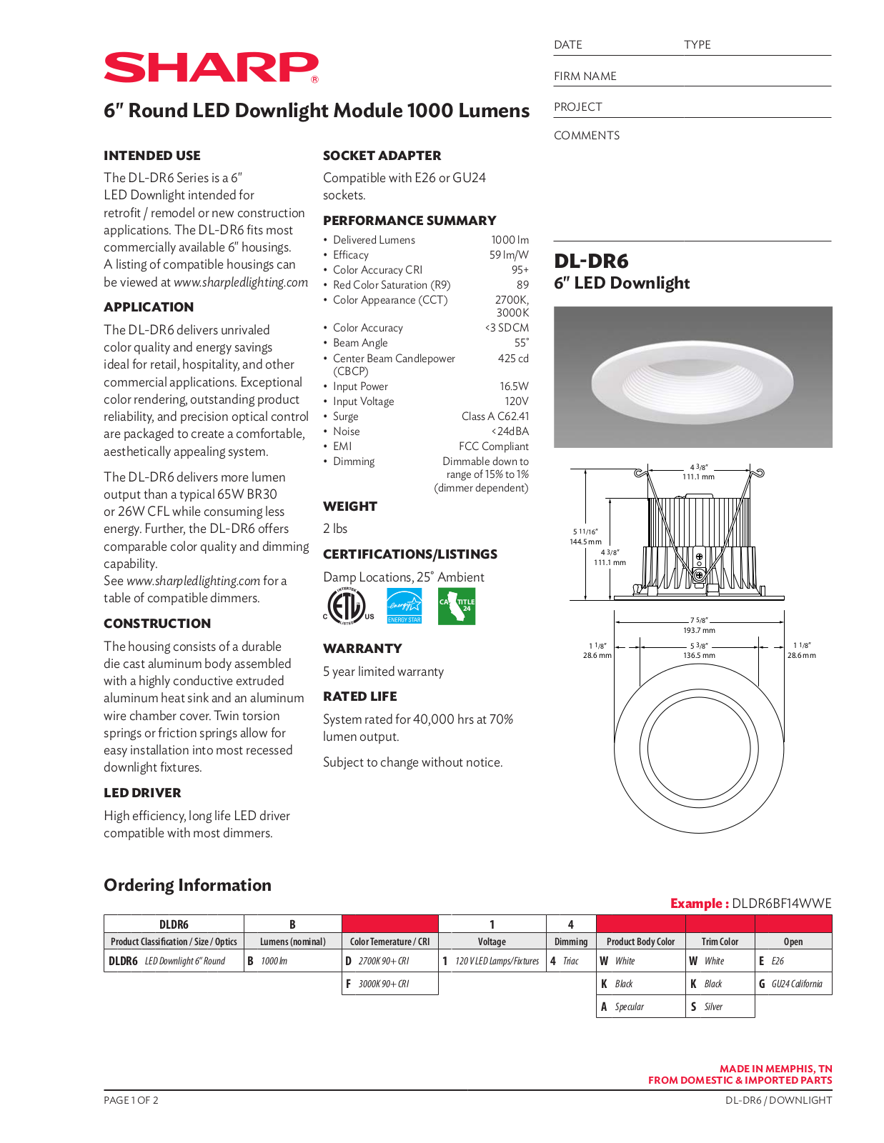 Sharp DLDR6BD14AWG, DLDR6BD14AWE, DLDR6BD14KKE, DLDR6BD14KKG, DLDR6BD14KWE Specification