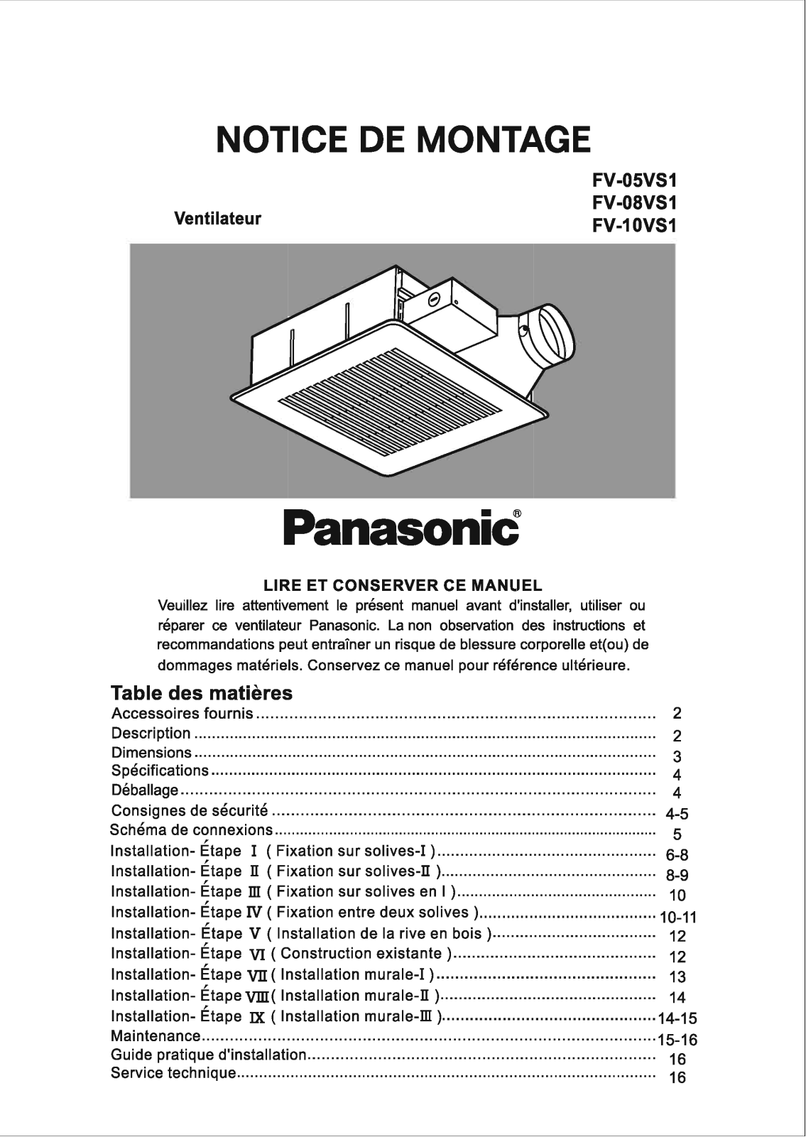 Panasonic fv-08vs1, fv-10vs1 installation