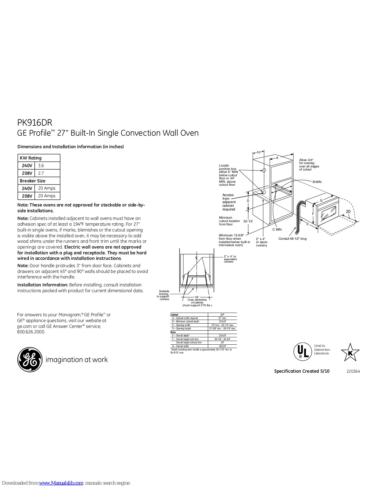 GE Profile PK916DR, Profile PK916DRBB, Profile PK916DRCC, Profile PK916DRWW Dimensions And Installation Information