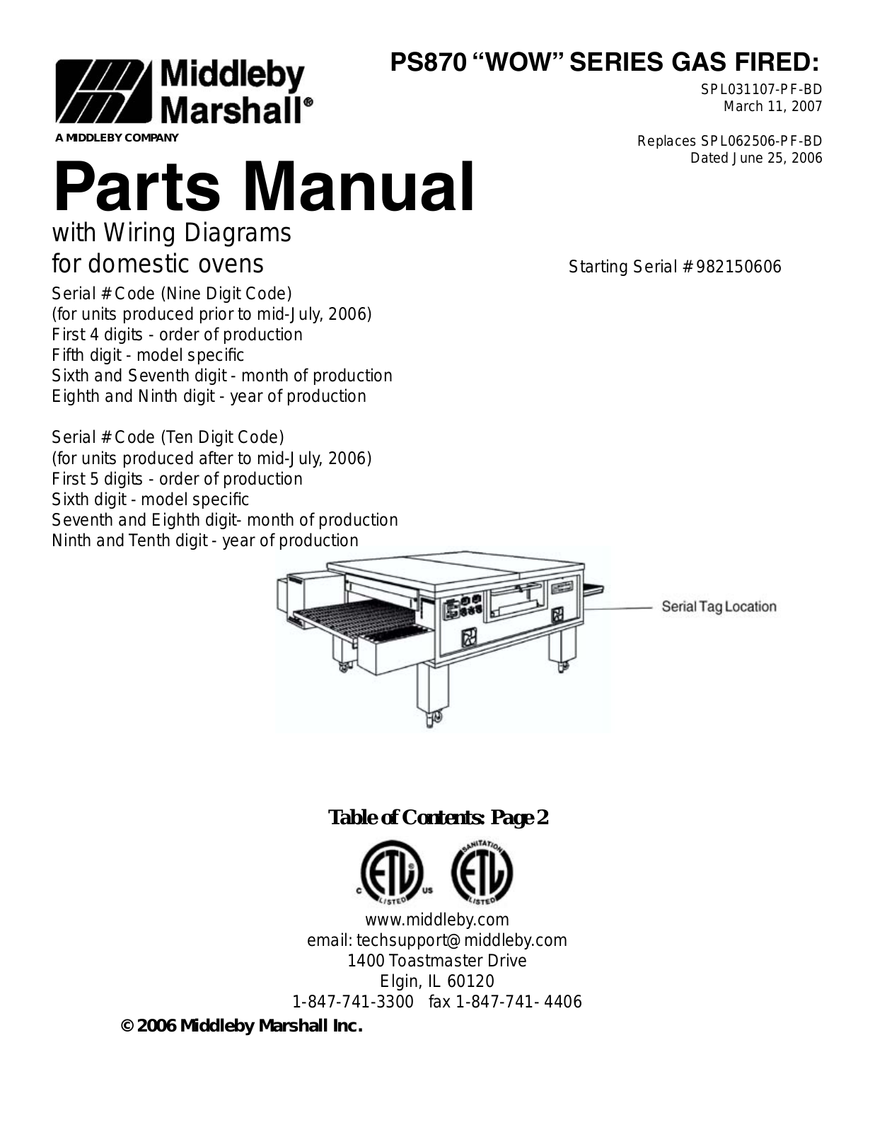 Middleby Marshall Oven PS870-1 Parts List