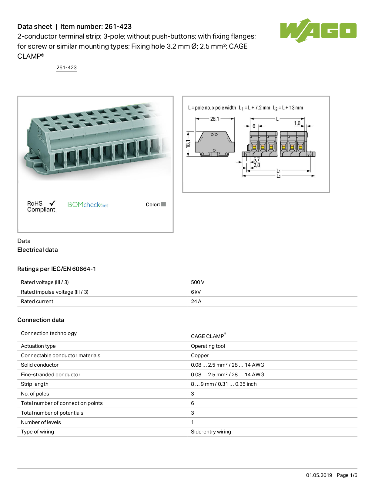 Wago 261-423 Data Sheet