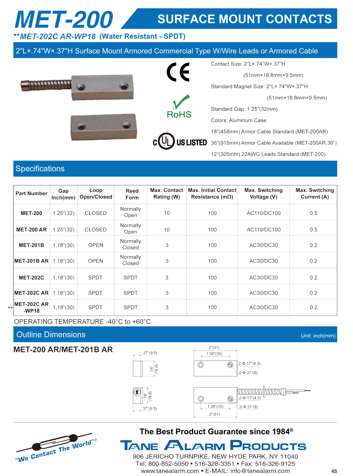 Tane MET-200, MET-202CAR-WP18, MET-200-AR Specsheet