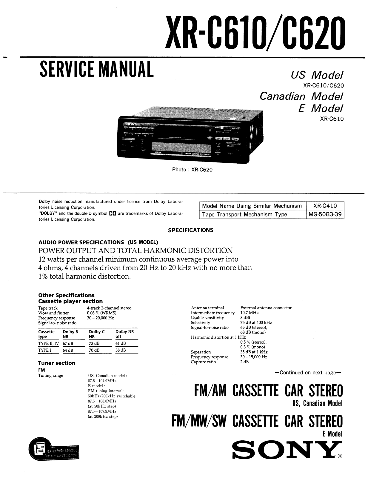 Sony XR-C610, XR-C620 Service Manual