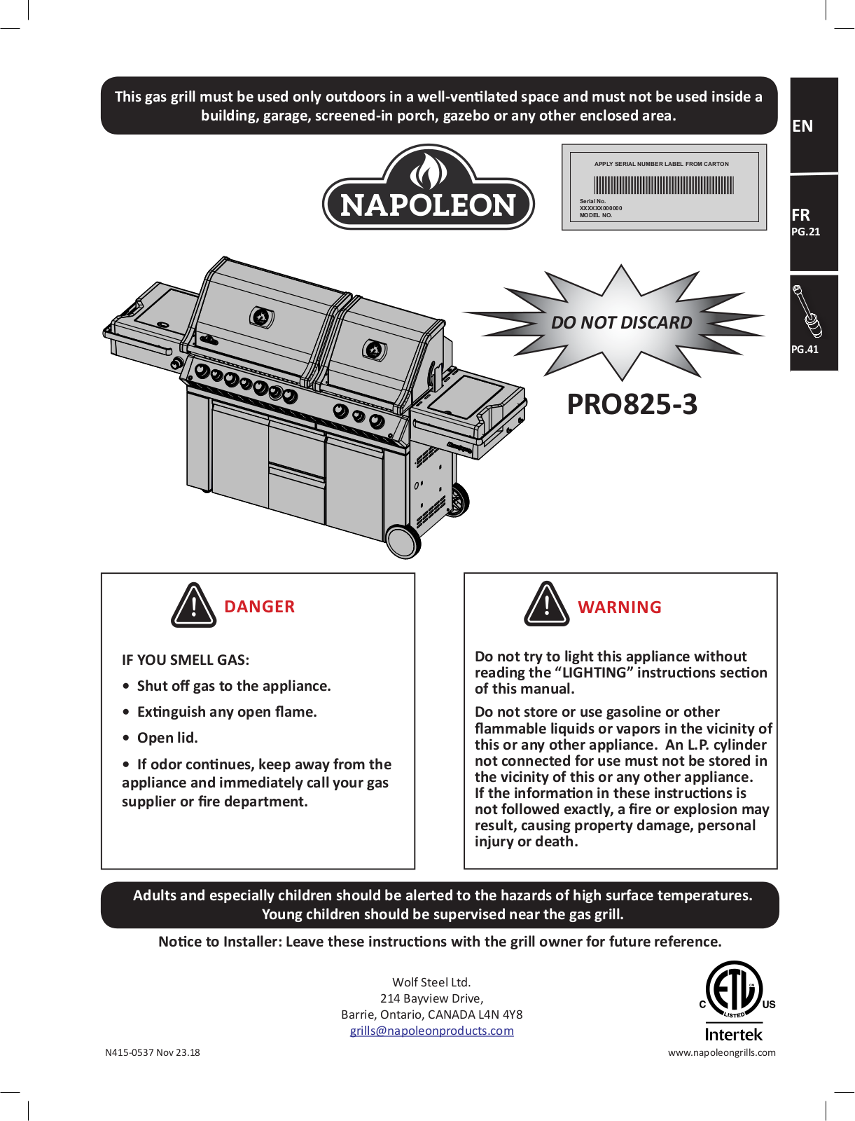 Napoleon PRO825RSBIPSS3 User Manual