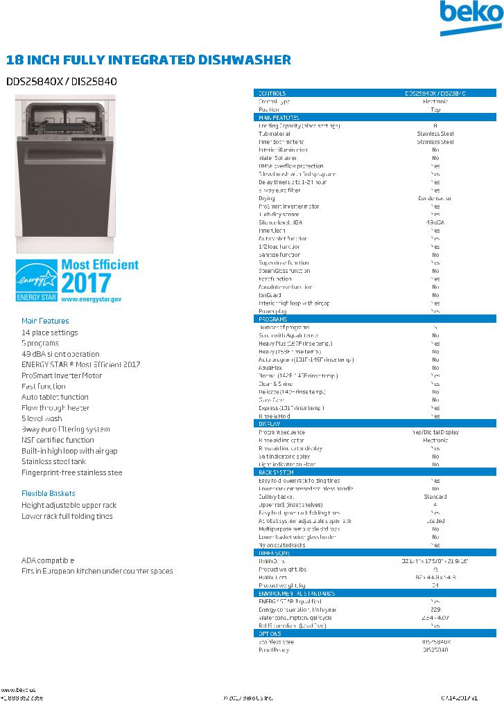 Beko DDS25840X, DIS25840 Specification