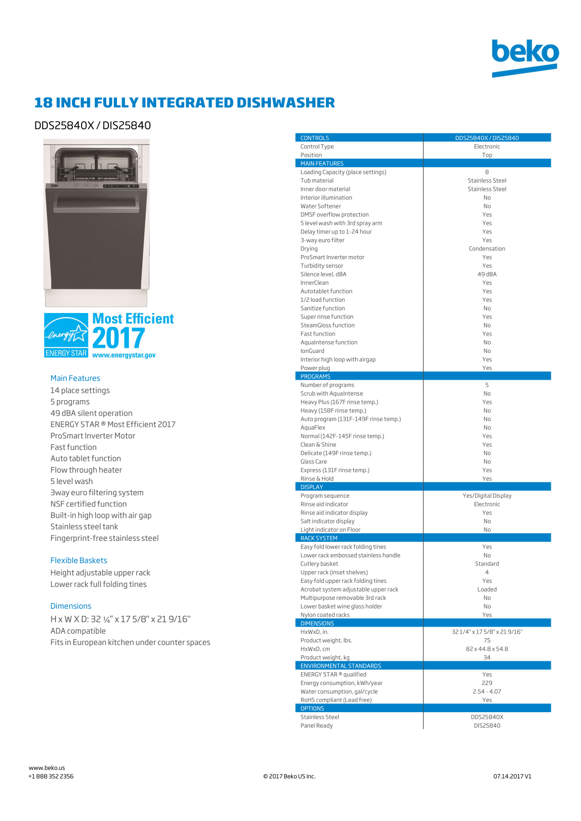 Beko DDS25840X, DIS25840 Specification