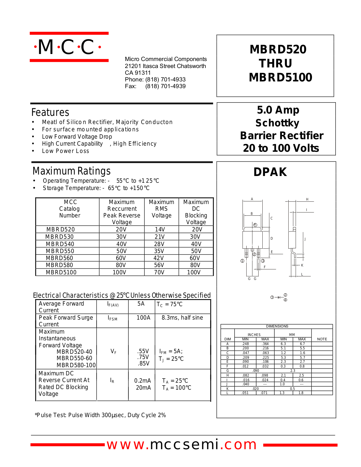 MCC MBRD520, MBRD530, MBRD540, MBRD550, MBRD560 Datasheet