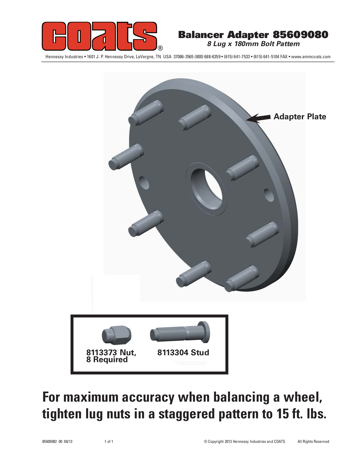 COATS Balancer Adapter, 8 lug x 180mm Bolt Pattern User Manual