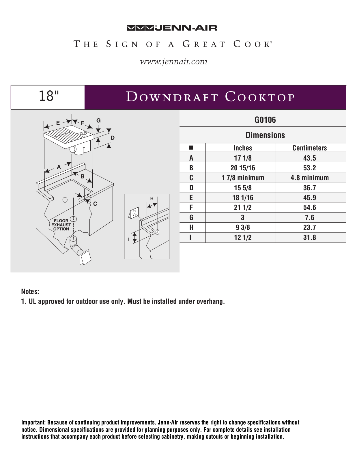 Jenn-Air G0106 Dimension Guide