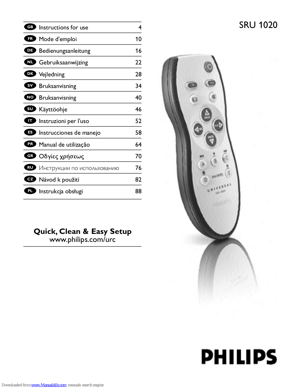 Philips SRU1020/10, SRU 1020 Instructions For Use Manual