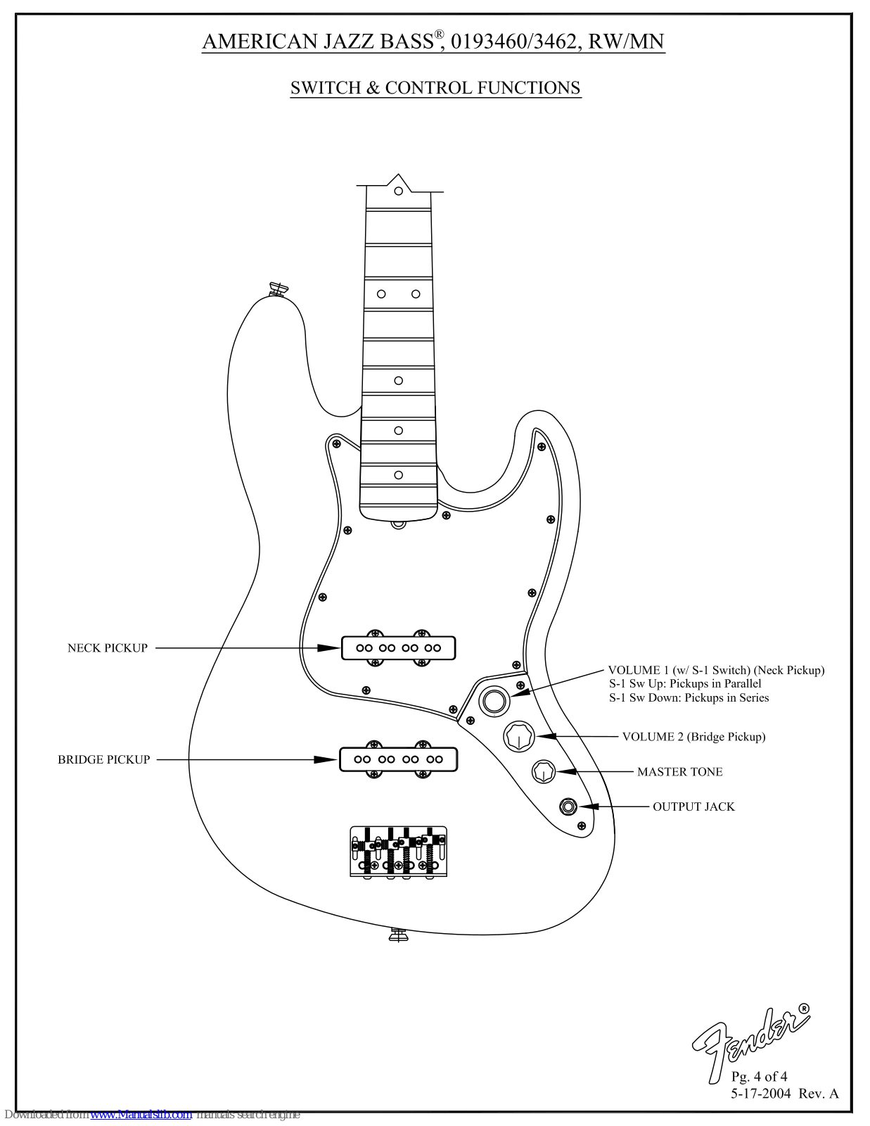 Fender 0193460/3462, American Jazz Bass 0193460 RW, American Jazz Bass 0193462 MN Switch & Control Function Manual