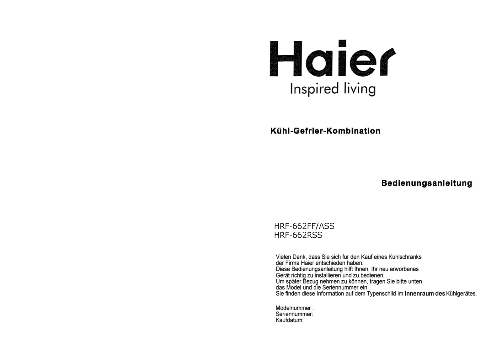 Haier HRF-662RSS, HRF-662FF/ASS User Manual