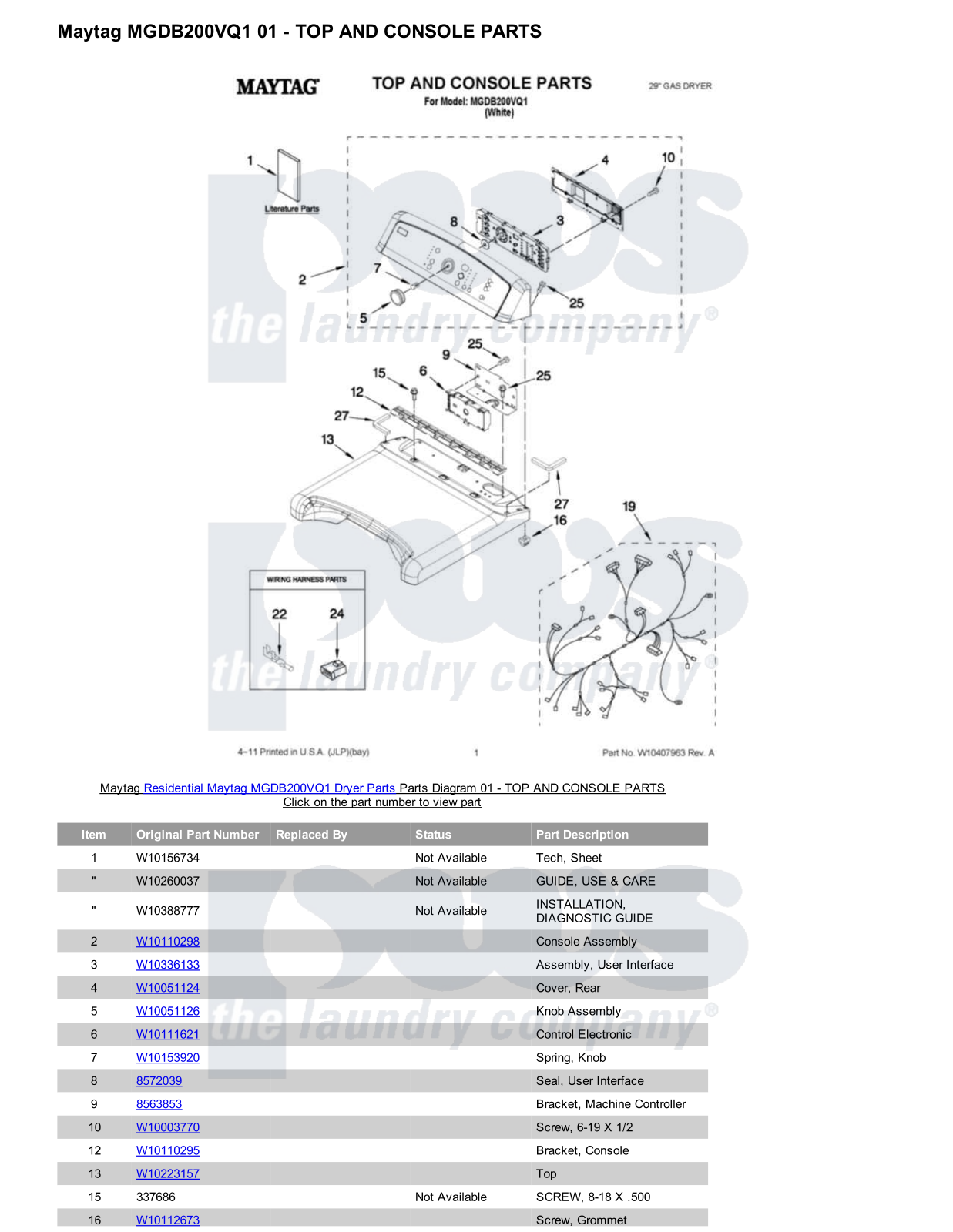 Maytag MGDB200VQ1 Parts Diagram