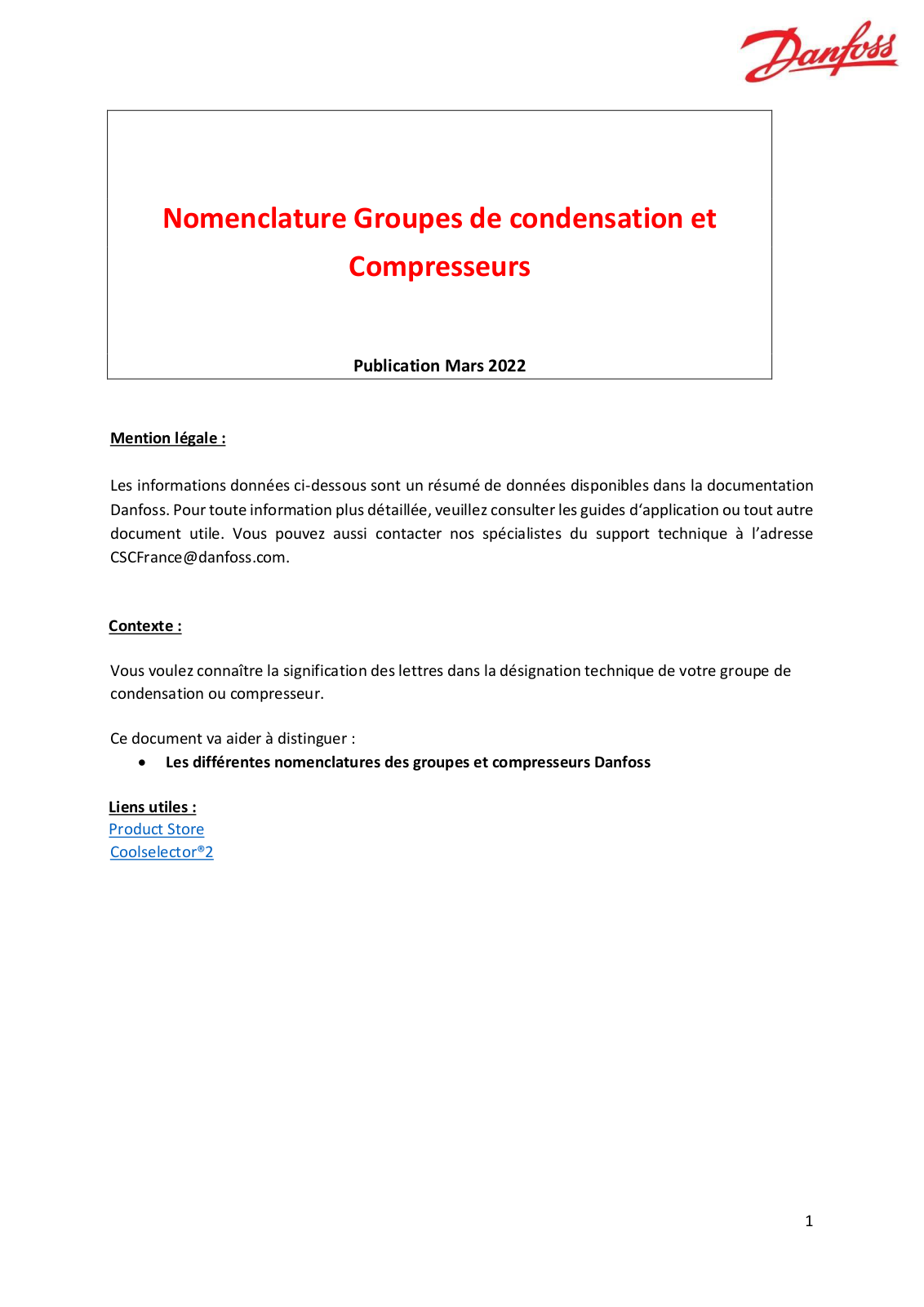 Danfoss Nomenclature Groupes de condensation et Compresseurs Compendium