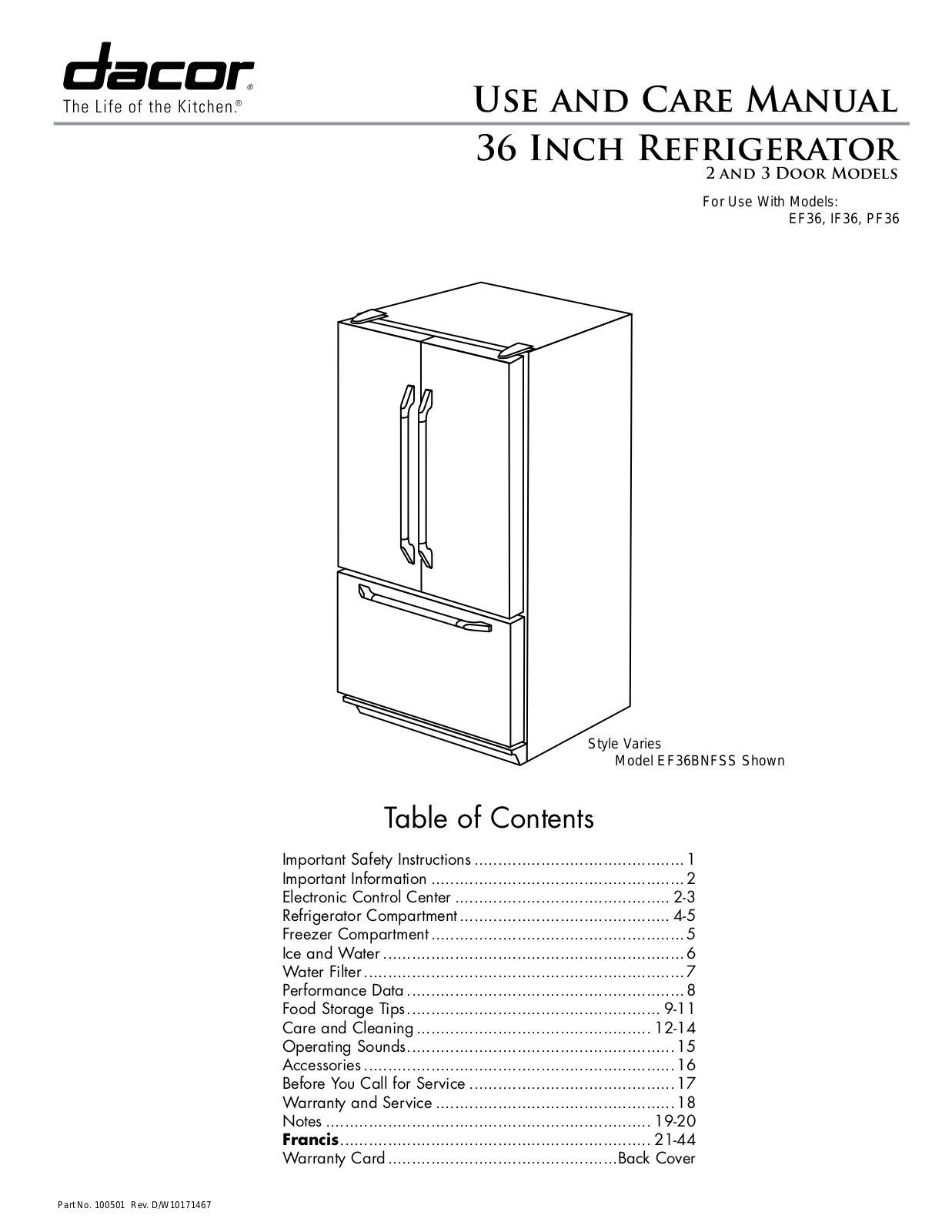 Dacor PF36BNDFTS, IF36RNBOL, IF36LNBOL User Manual