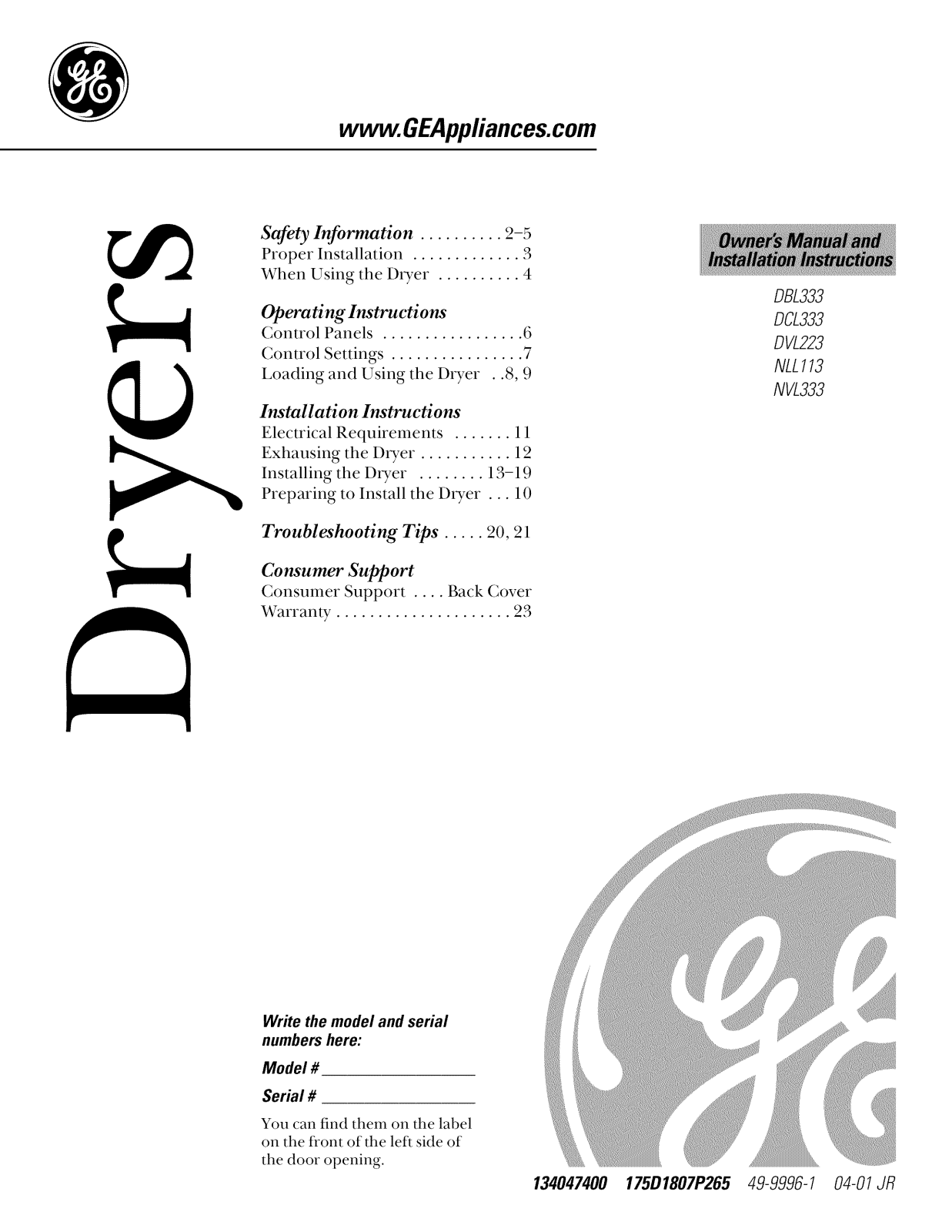 GE DVL223EY0WW, DVL223EY0AA, DVL223EB4WW, DCL333EY0WW, DCL333EY0AA Owner’s Manual