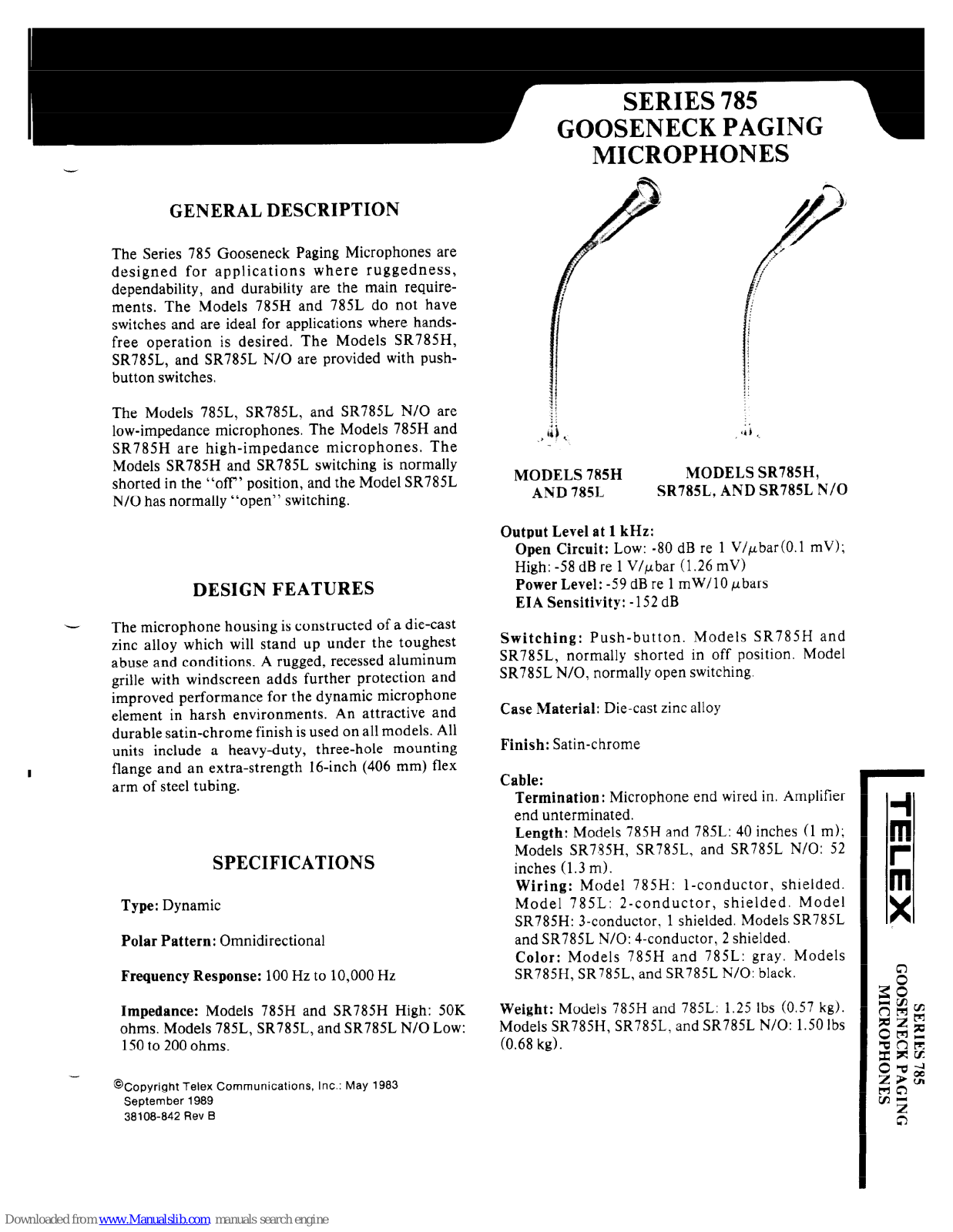 Telex 785H, 785L, SR785H, SR785L, SR785L N/O Specifications