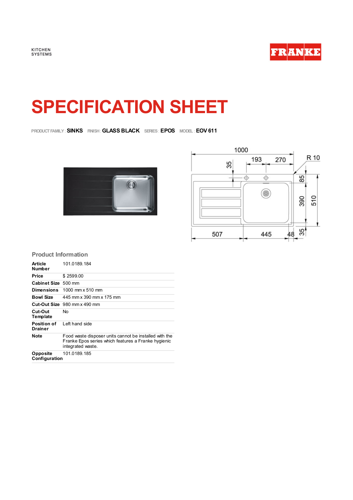 Franke Foodservice EOV 611 Specification