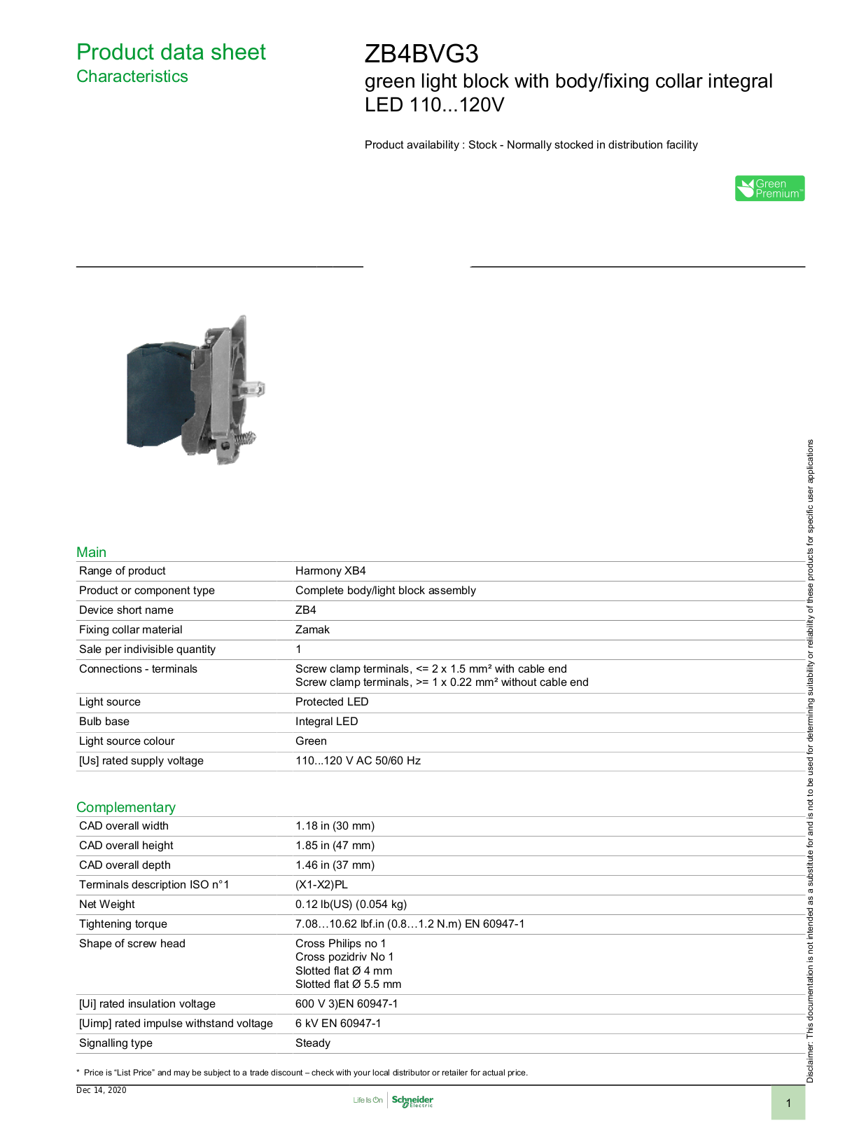 Square D ZB4BVG3 Data Sheet