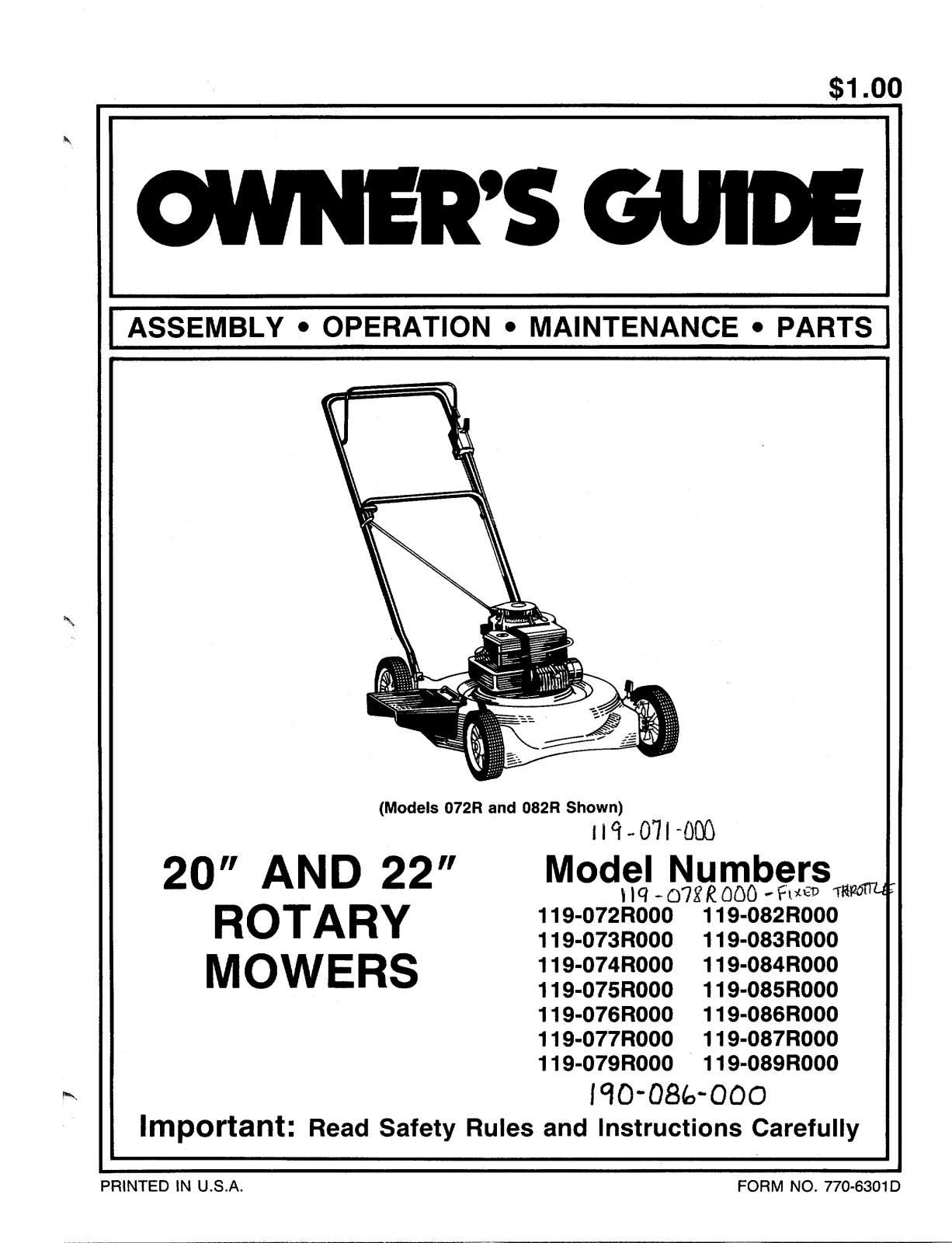 MTD 119-072R000, 119-077R000, 119-073R000, 119-079R000, 119-076R000 User Manual