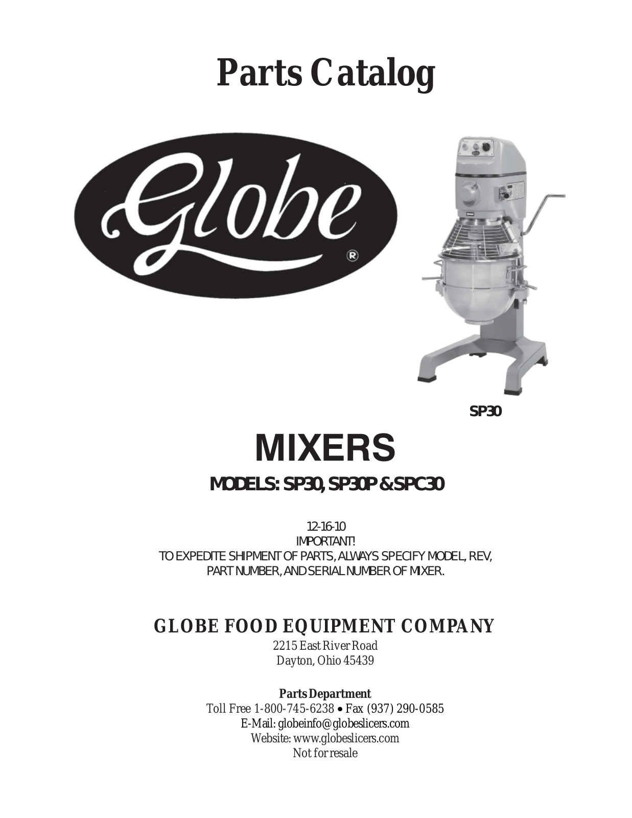 Globe Food Equipment SP30 Part Manual