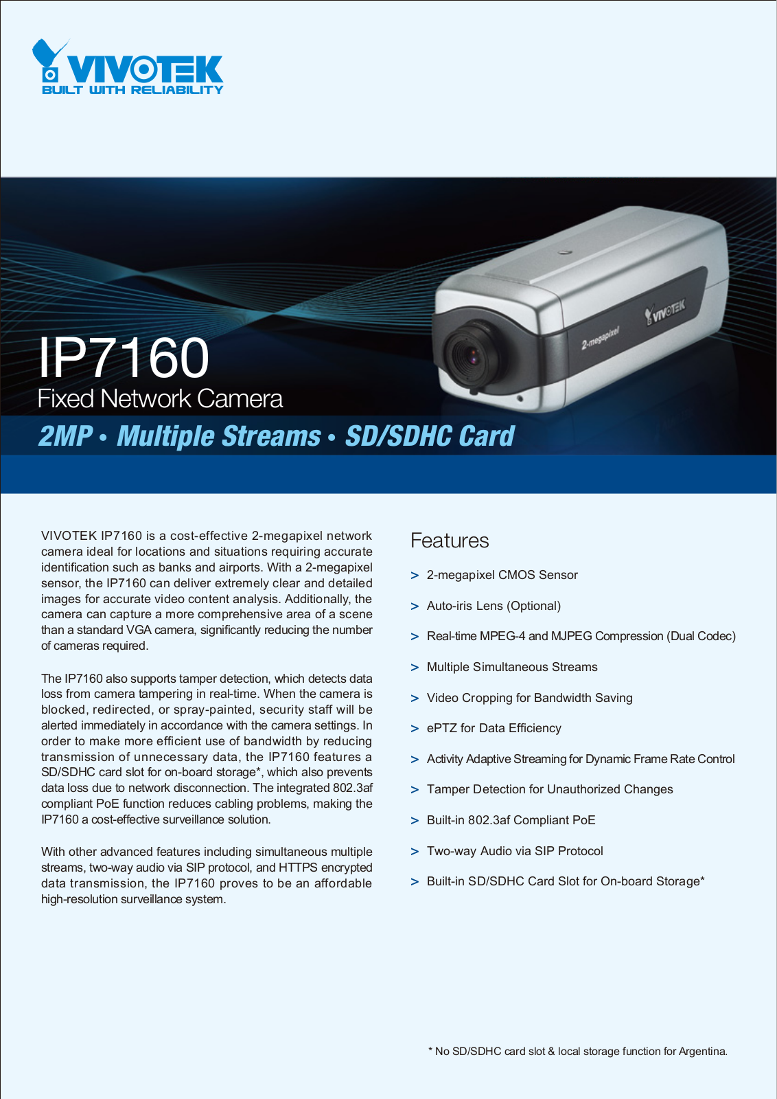 Vivotek IP7160 Specsheet