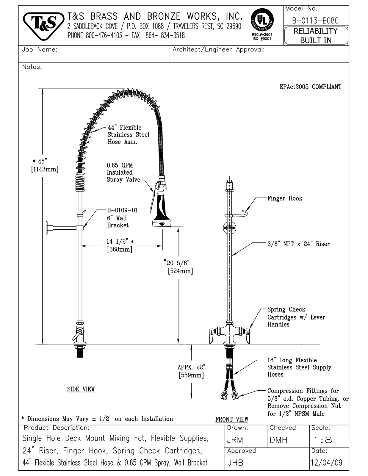 T&S Brass B-0113-B08C User Manual