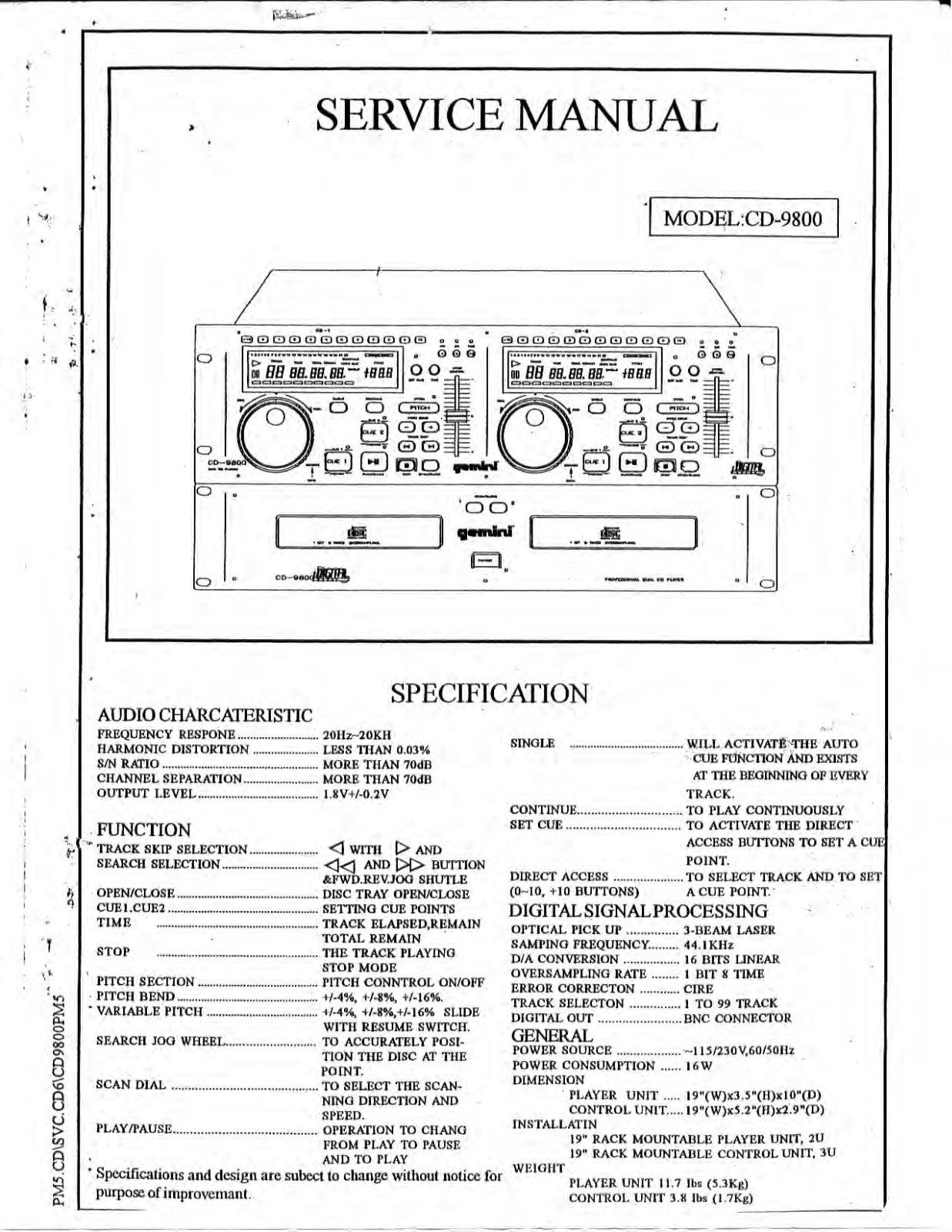 Gemini Sound CD-9800 Service manual