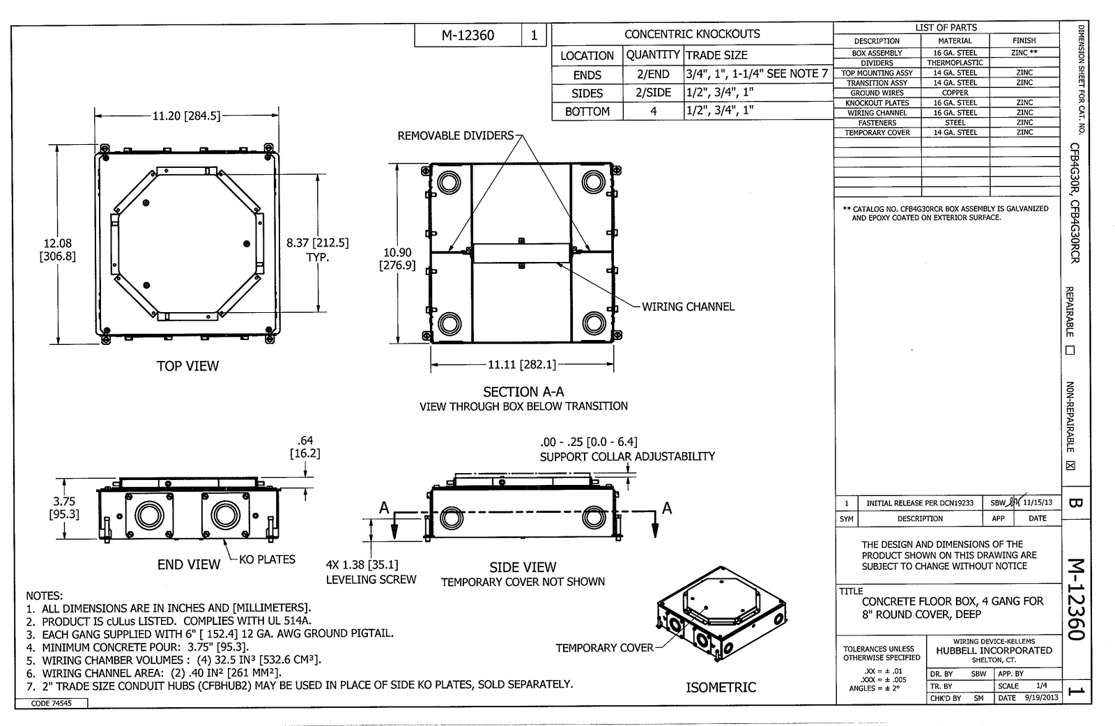 Hubbell CFB4G30RCR Dimensional Sheet