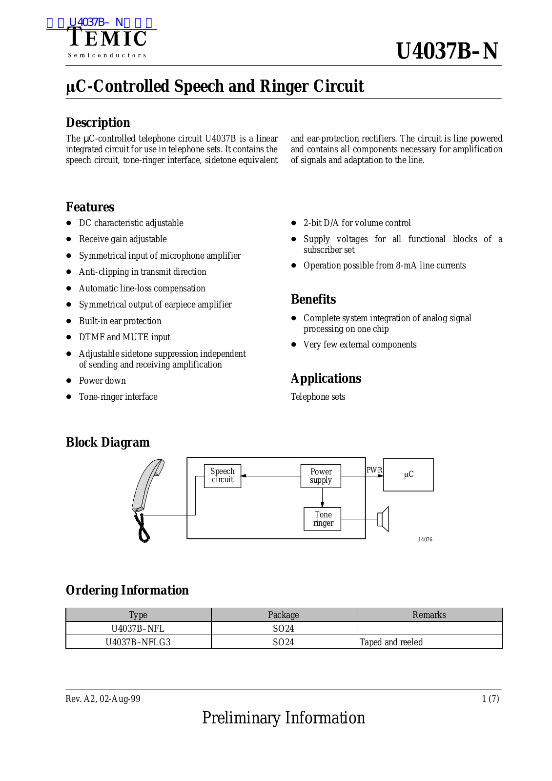 TEMIC U4037B N Technical data