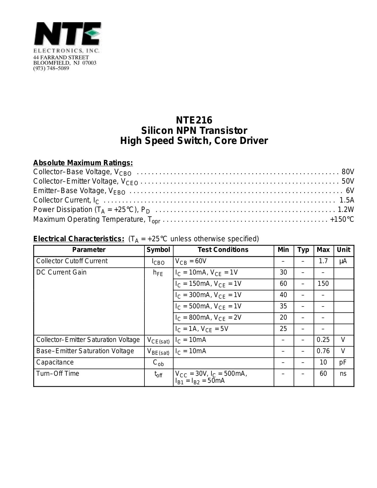 Datasheet NTE216 Datasheet (NTE) - ManualMachine.com