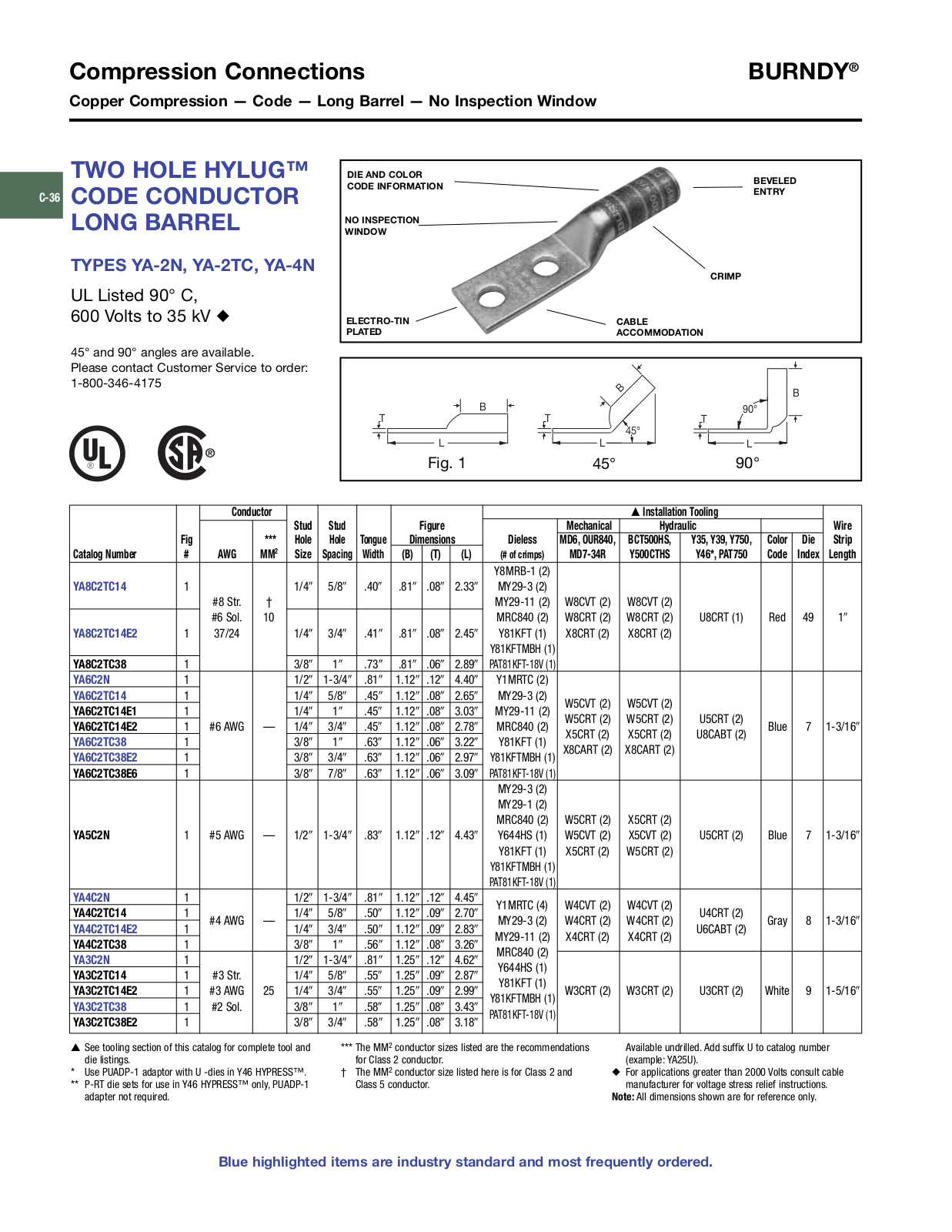 Burndy YA-2N, YA-2TC, YA-4N Catalog Page