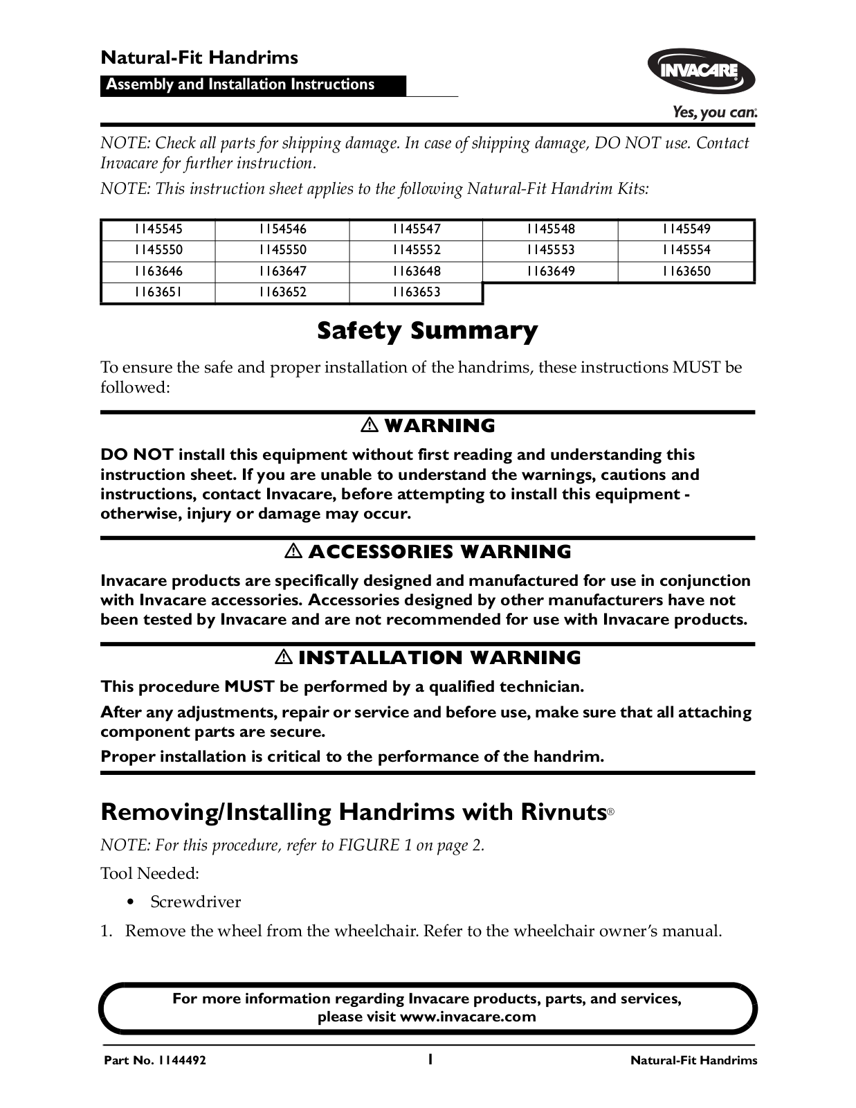 Invacare 1144492 User Manual