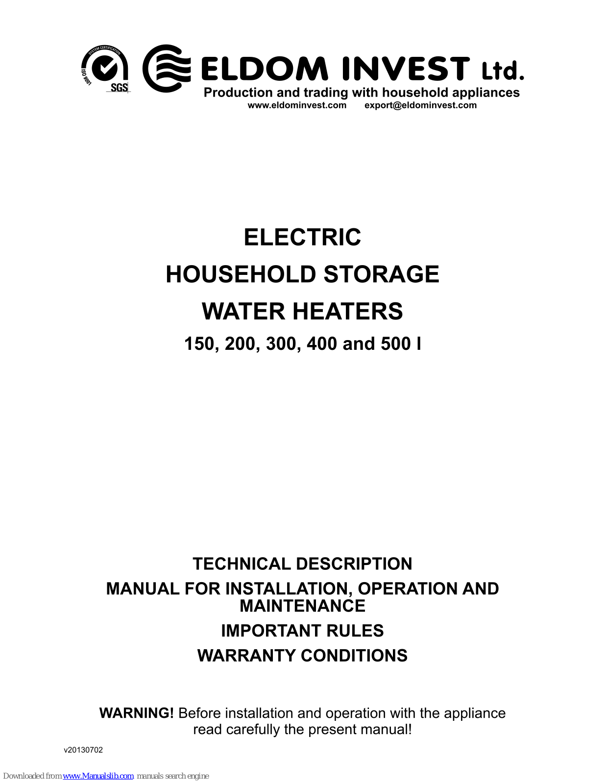 Eldom Invest 72280FZS, 72280FWS2, 72280FW, 72280FWS, 72280FWP Manual For Installation, Operation & Maintenance