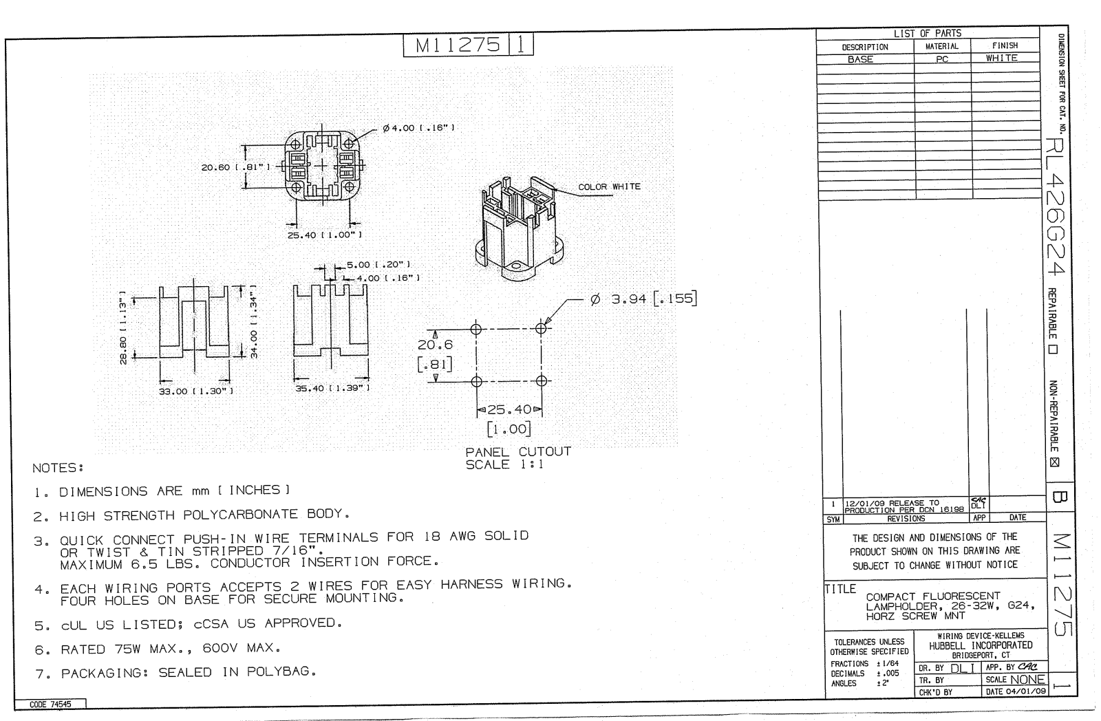 Hubbell RL426G24 Reference Drawing