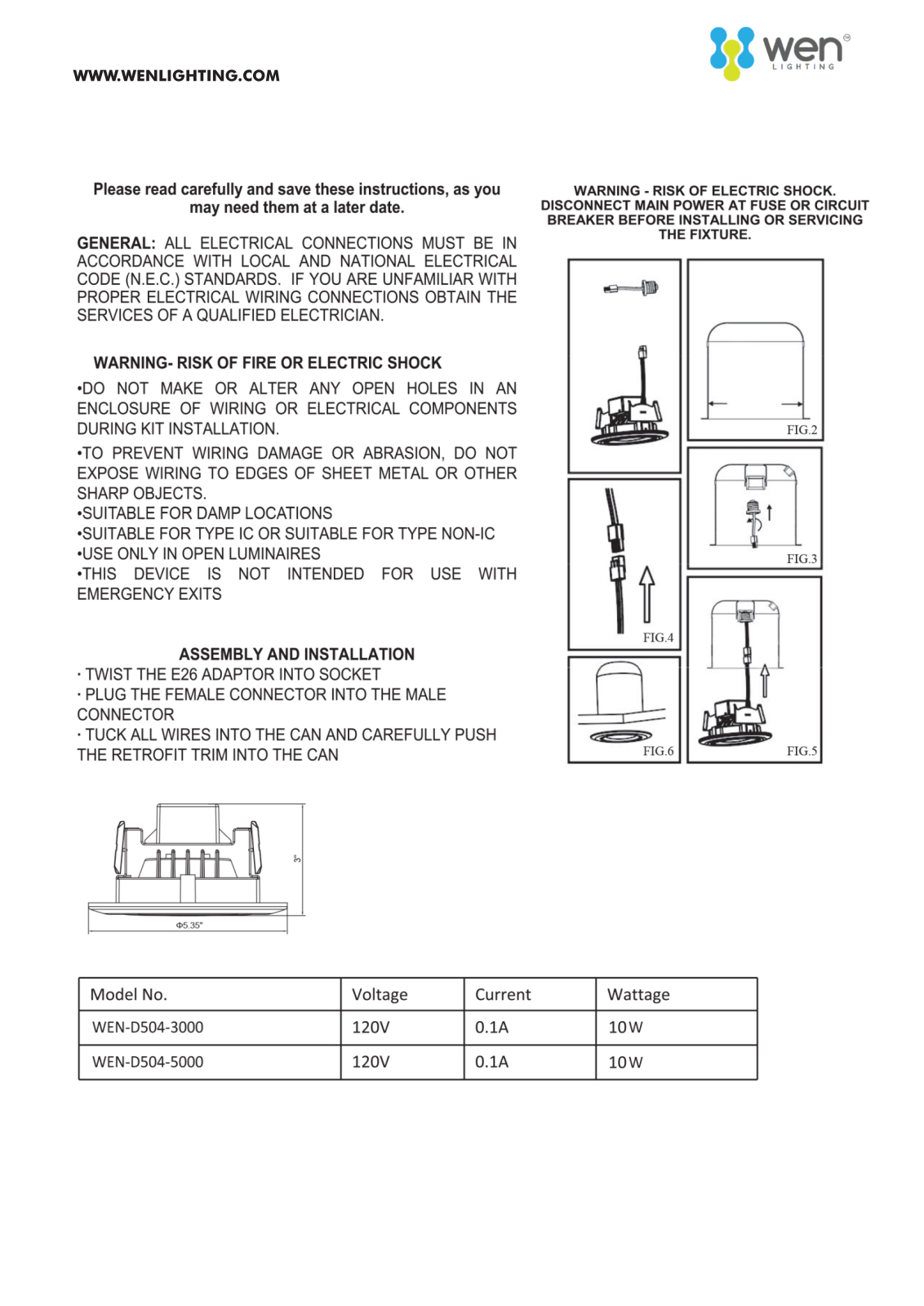 Wen Lighting WENL1102 Installation & Assembly