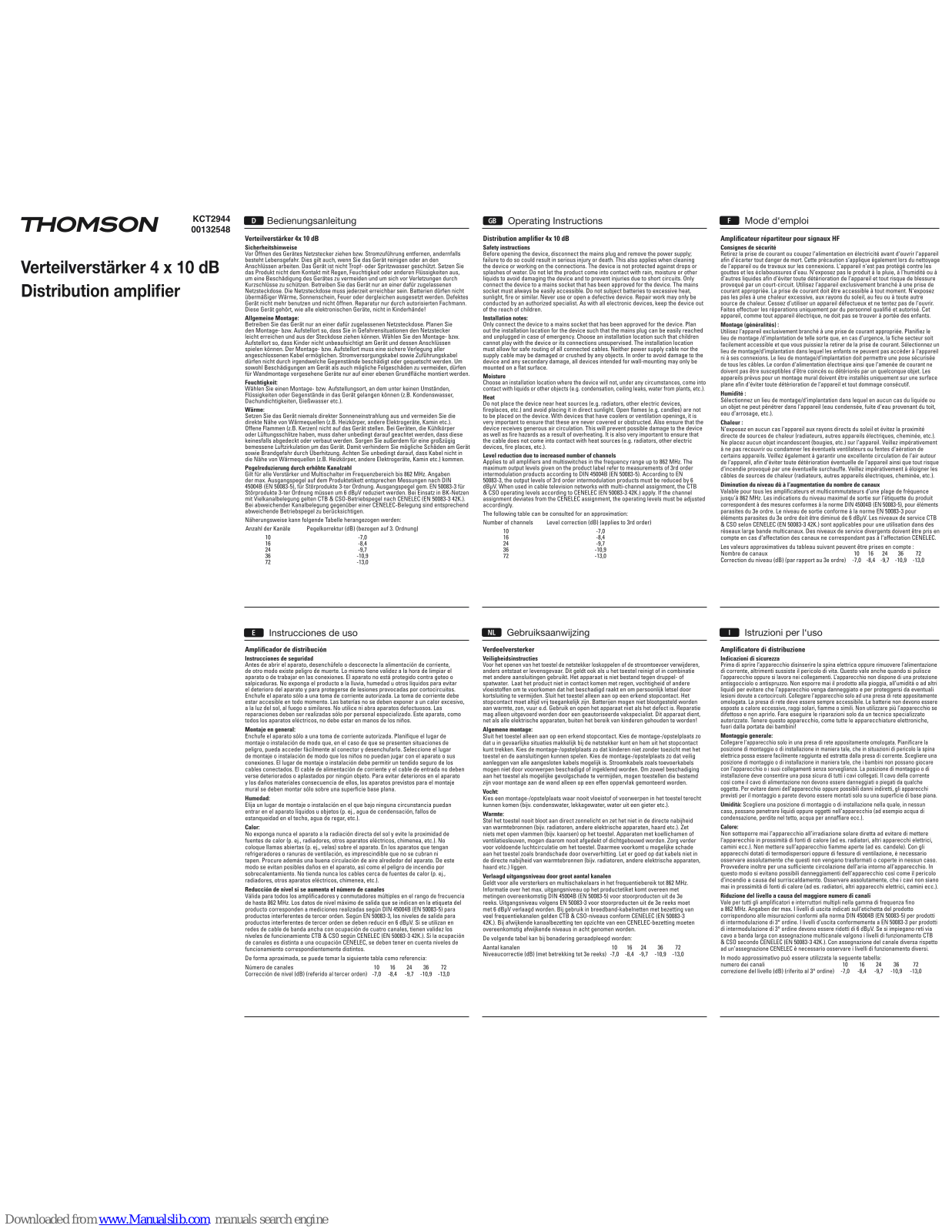 THOMSON KCT2944 Operating Instructions Manual